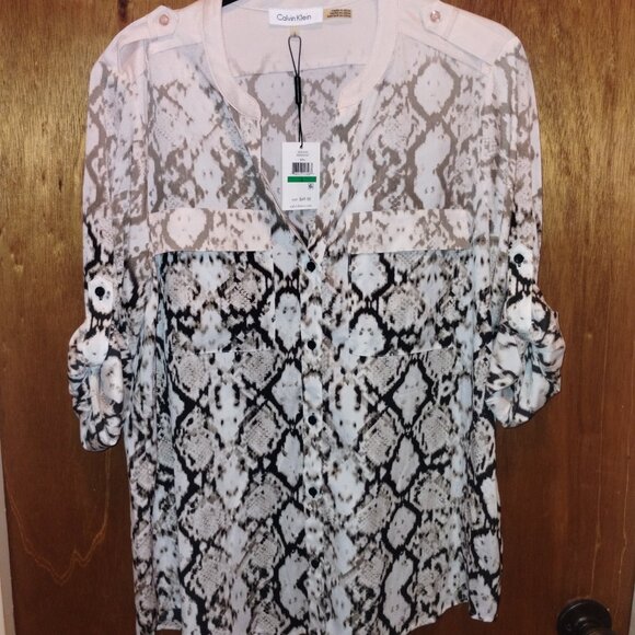 Calvin Klein Snakeskin Print Sheer Blouse NWT - Picture 2 of 3